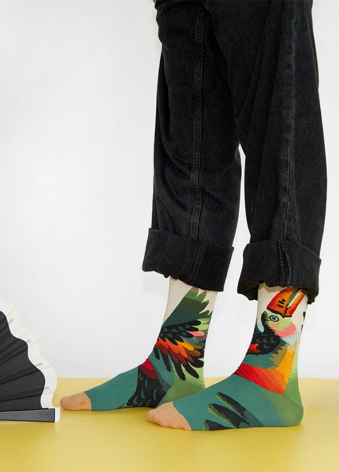 Striped socks with fish pattern in blended cotton